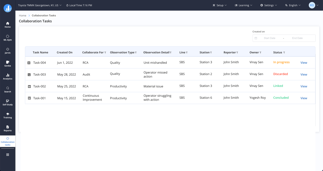 Collaboration tasks — cross-functional actions with status and owner
