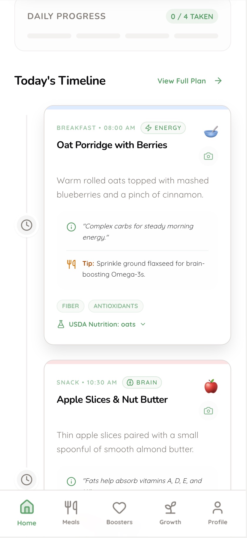MomInsight home — meal detail and nutrition focus