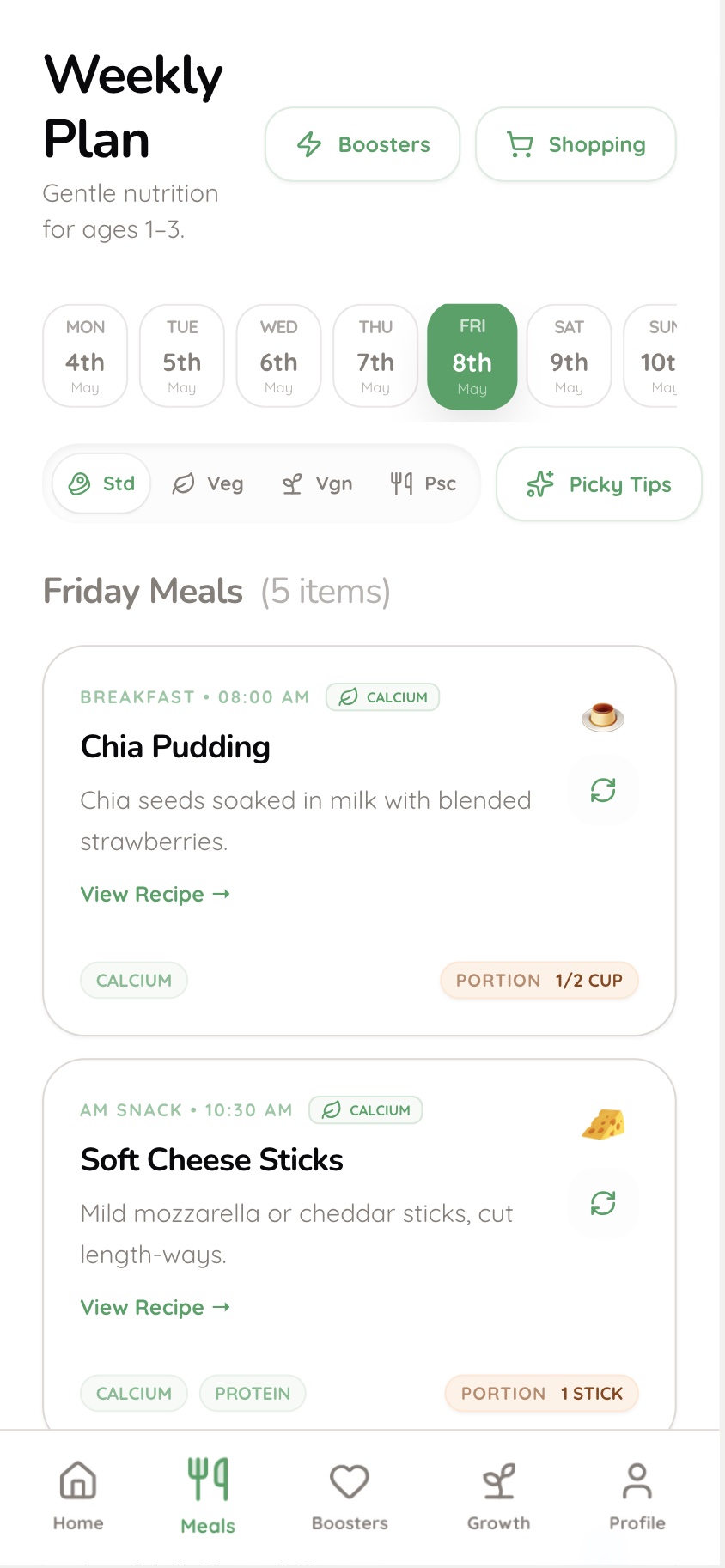 Weekly meal plan with USDA nutrition tracking